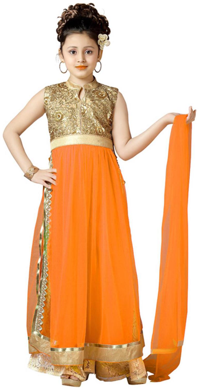 

Aarika Girl s Net Embellished Sleeveless Kurti salwar set - Orange