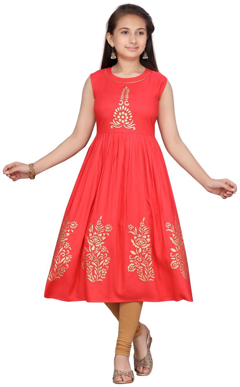 

Aarika Girl s Cotton Printed Sleeveless Kurta kurti - Red