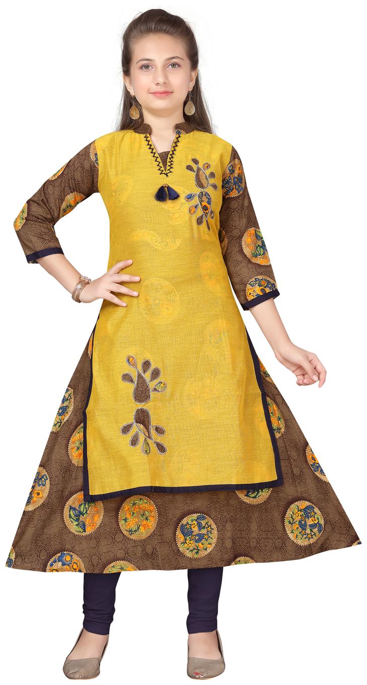

Aarika Girl s Cotton Self design 3 4th sleeves Kurta kurti - Gold