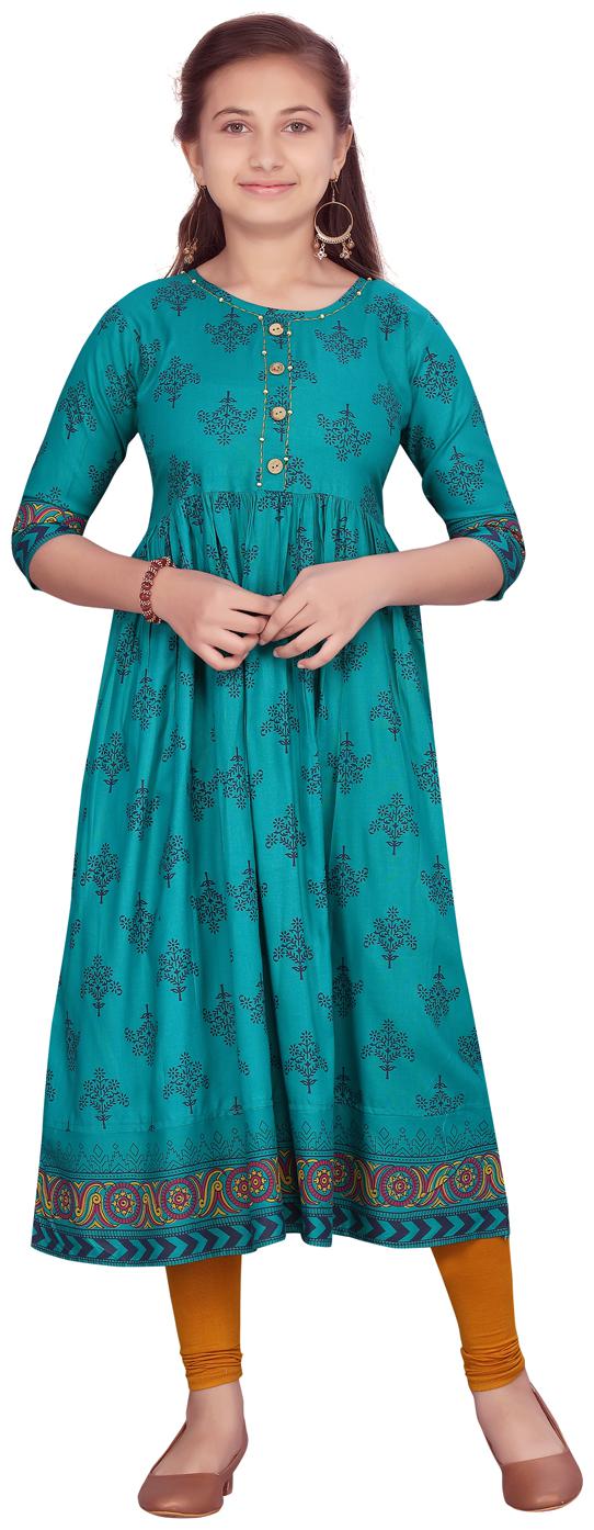 

Aarika Girl s Cotton Floral 3 4th sleeves Kurti salwar set - Green Orange