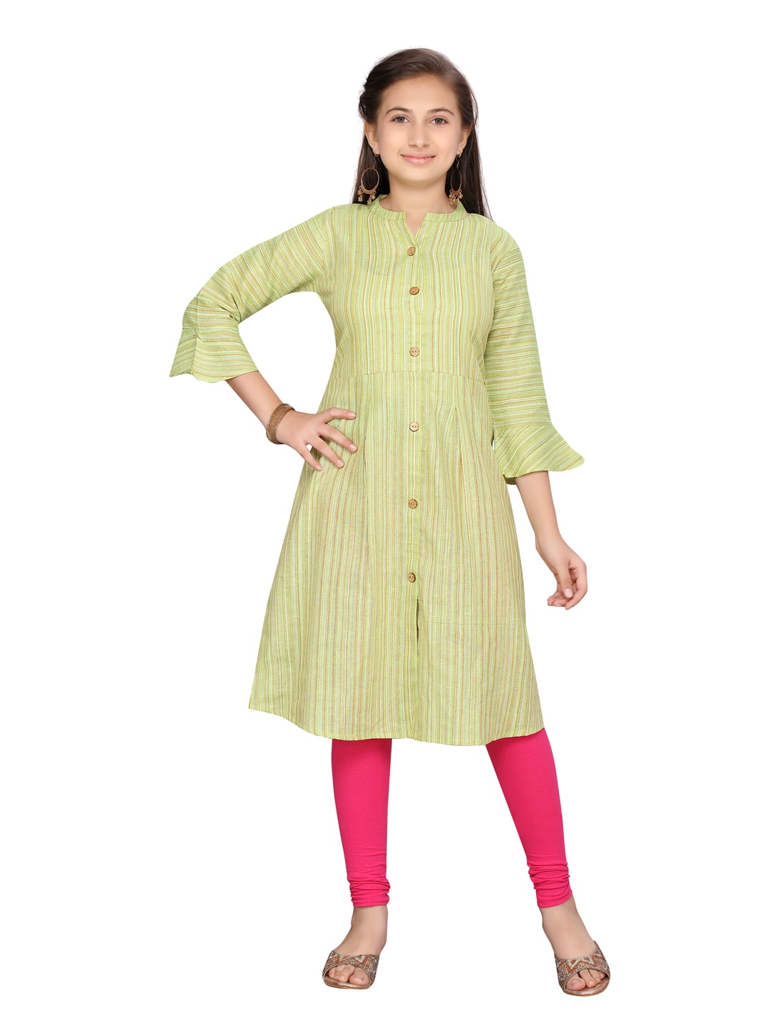 

Aarika Girl s Cotton Self design 3 4th sleeves Kurti salwar set - Green Pink