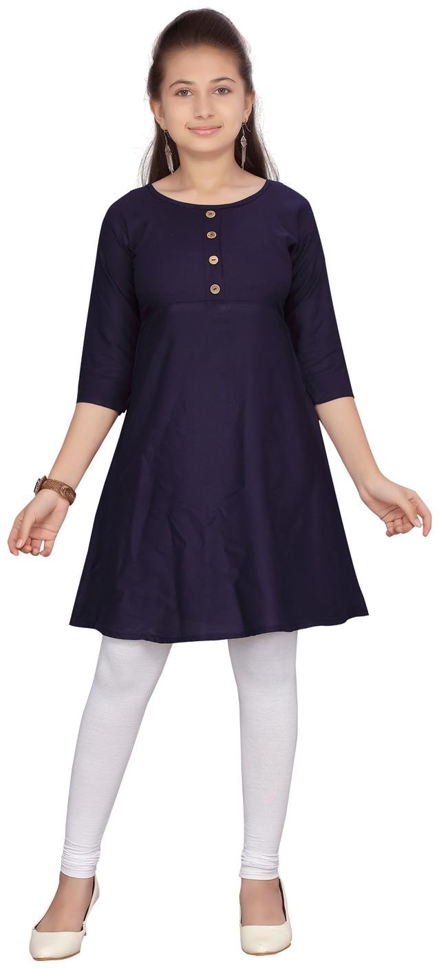 

Aarika Girl s Cotton Solid 3 4th sleeves Kurti salwar set - Blue White