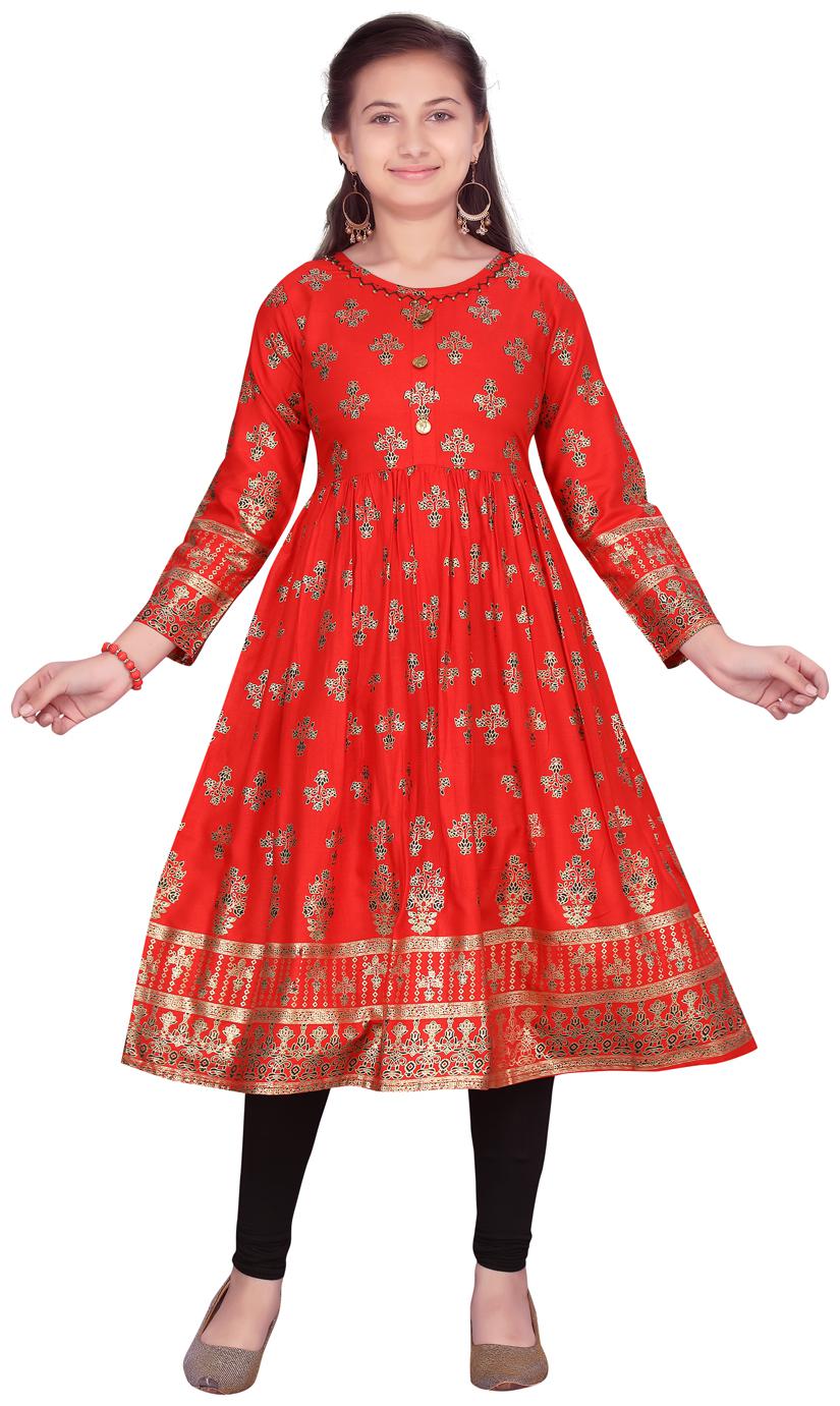 

Aarika Girl s Cotton Floral 3 4th sleeves Kurti salwar set - Red Black