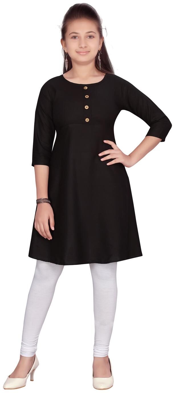 

Aarika Girl s Cotton Solid 3 4th sleeves Kurti salwar set - Black White