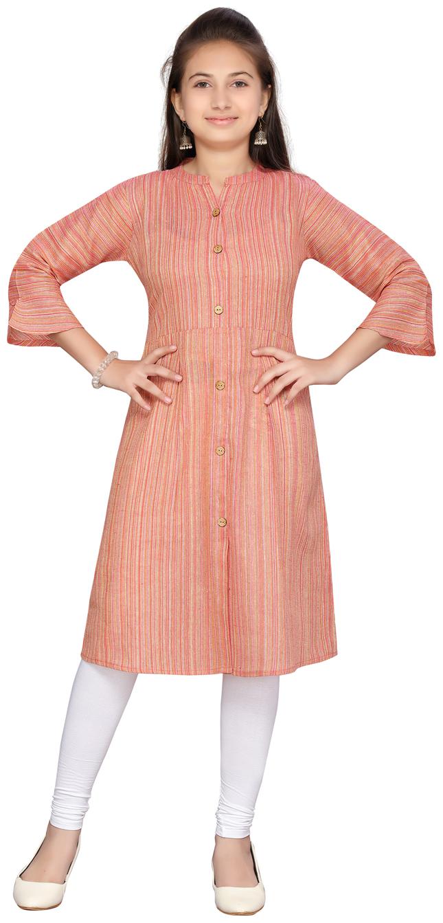 

Aarika Girl s Cotton Self design 3 4th sleeves Kurti salwar set - Red White