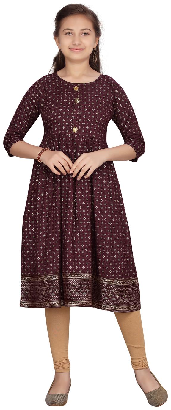 

Aarika Girl s Cotton Printed 3 4th sleeves Kurti salwar set - Brown Beige