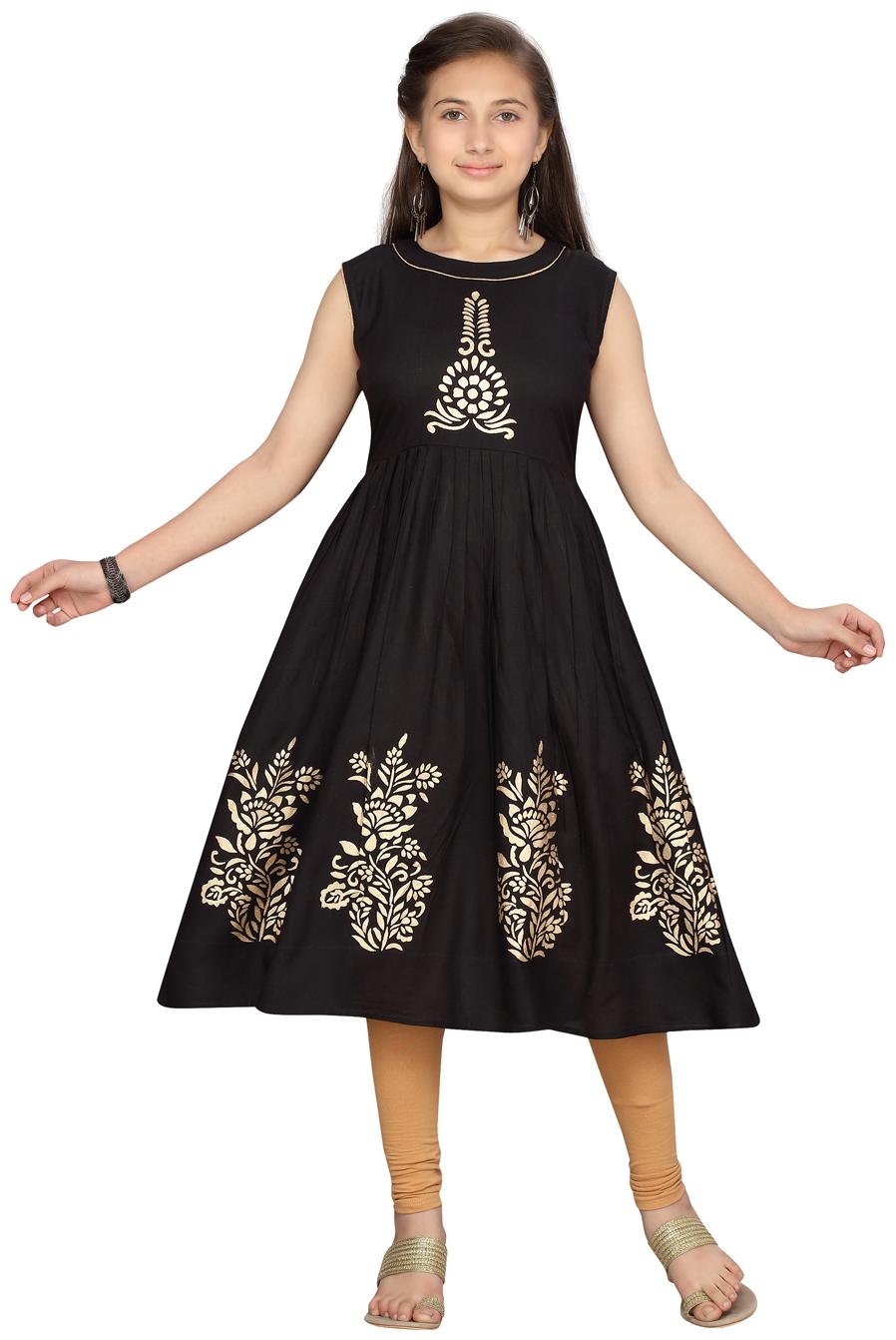 

Aarika Girl s Cotton Printed Sleeveless Kurti salwar set - Black