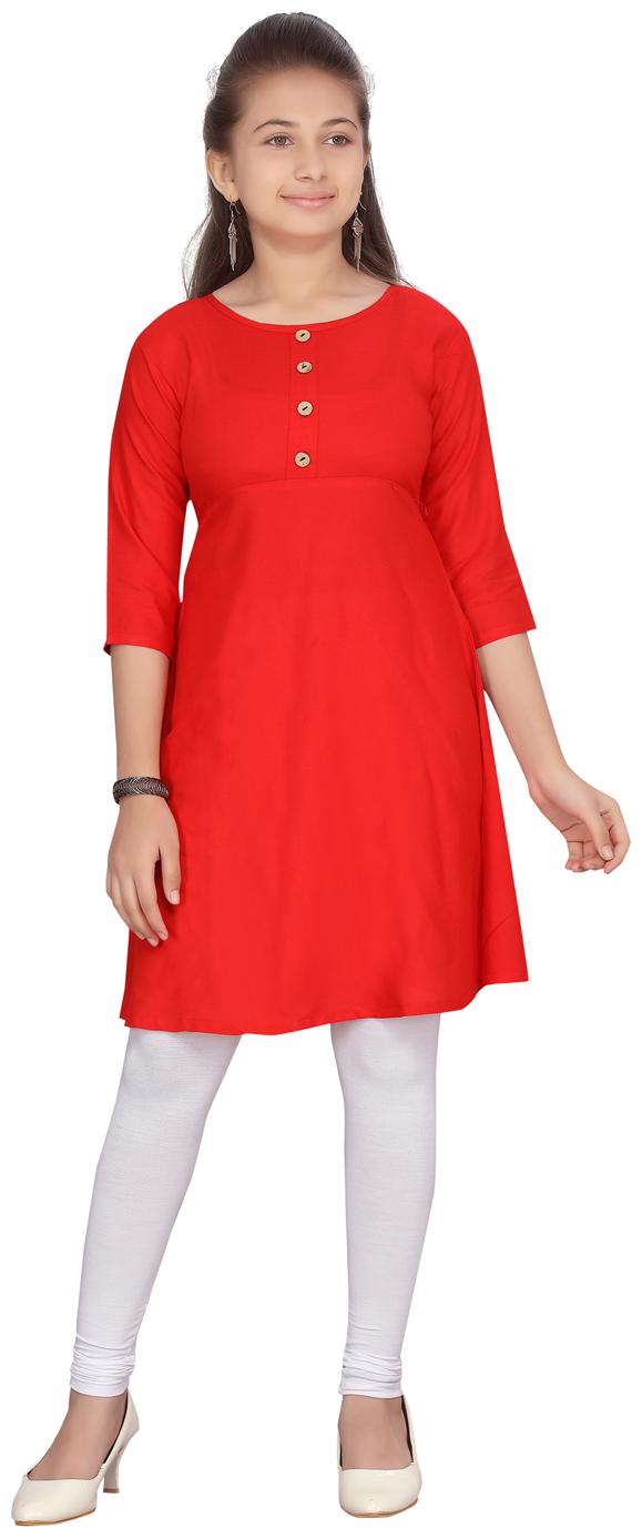

Aarika Girl s Cotton Solid 3 4th sleeves Kurti salwar set - Red White