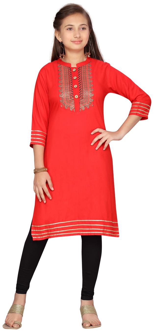 

Aarika Girl s Cotton Printed 3 4th sleeves Kurti salwar set - Red