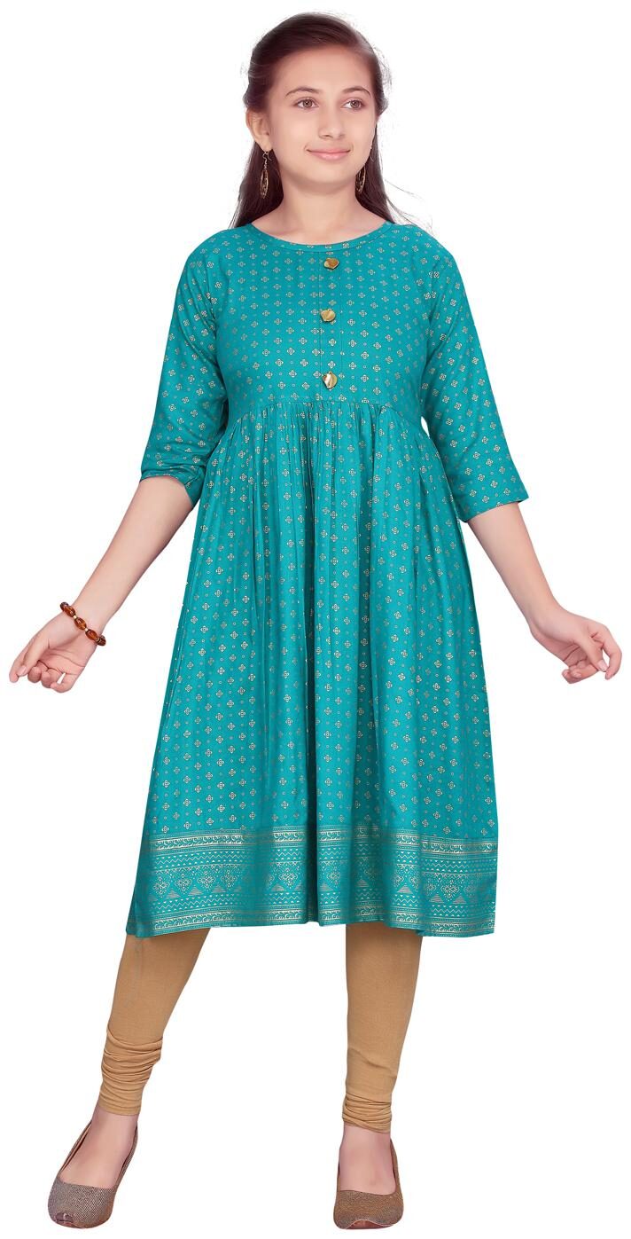 

Aarika Girl s Cotton Printed 3 4th sleeves Kurti salwar set - Green Beige