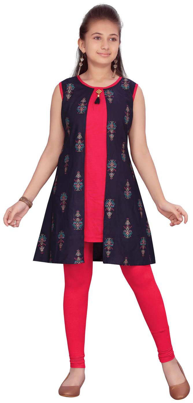 

Aarika Girl s Cotton Printed Sleeveless Kurti salwar set - Blue Pink