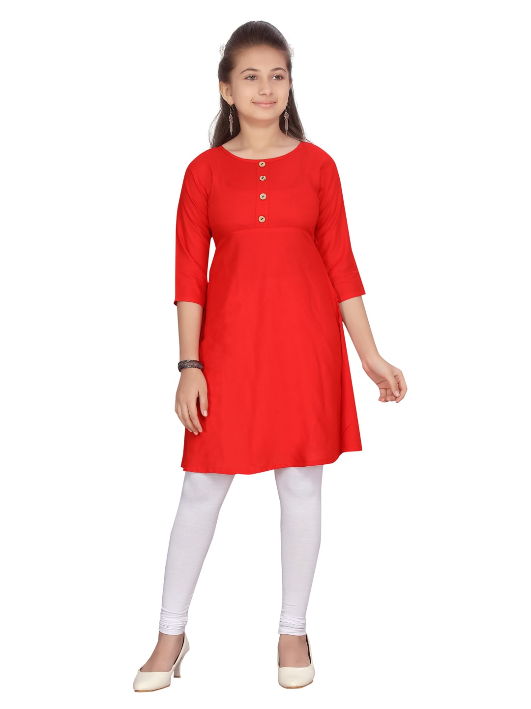 

Aarika Girl s Cotton Solid 3 4th sleeves Kurti salwar set - Red White
