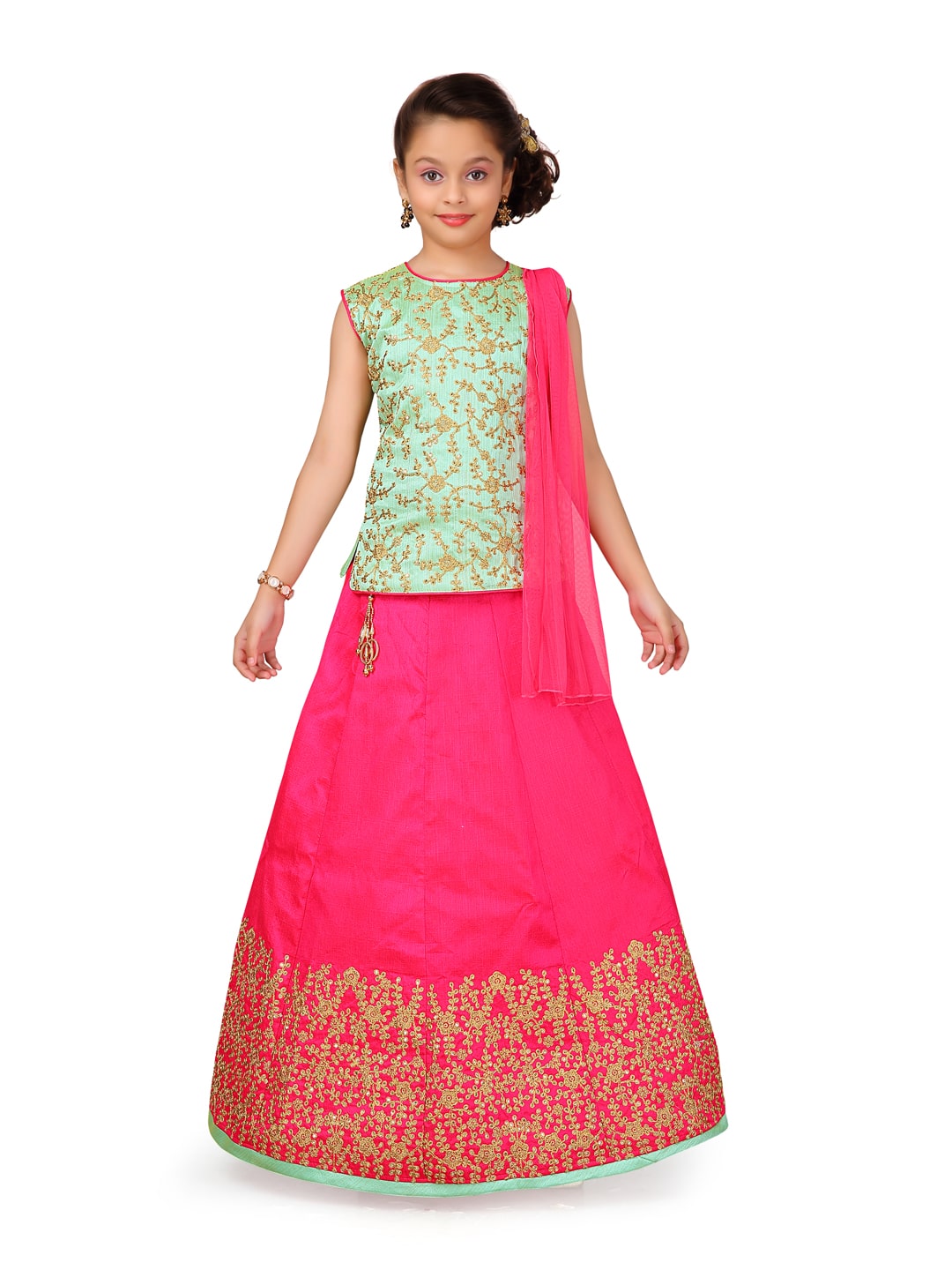 

Aarika Girl s Silk Self design Sleeveless Lehenga choli - Green Pink