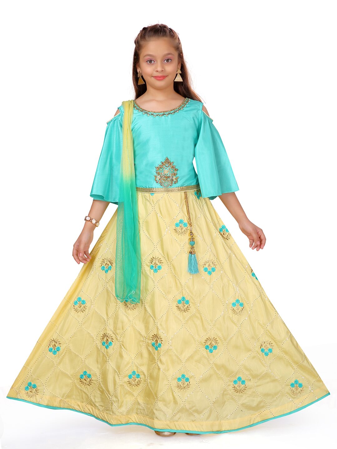 

Aarika Girl s Silk Self design 3 4th sleeves Lehenga choli - Green Yellow