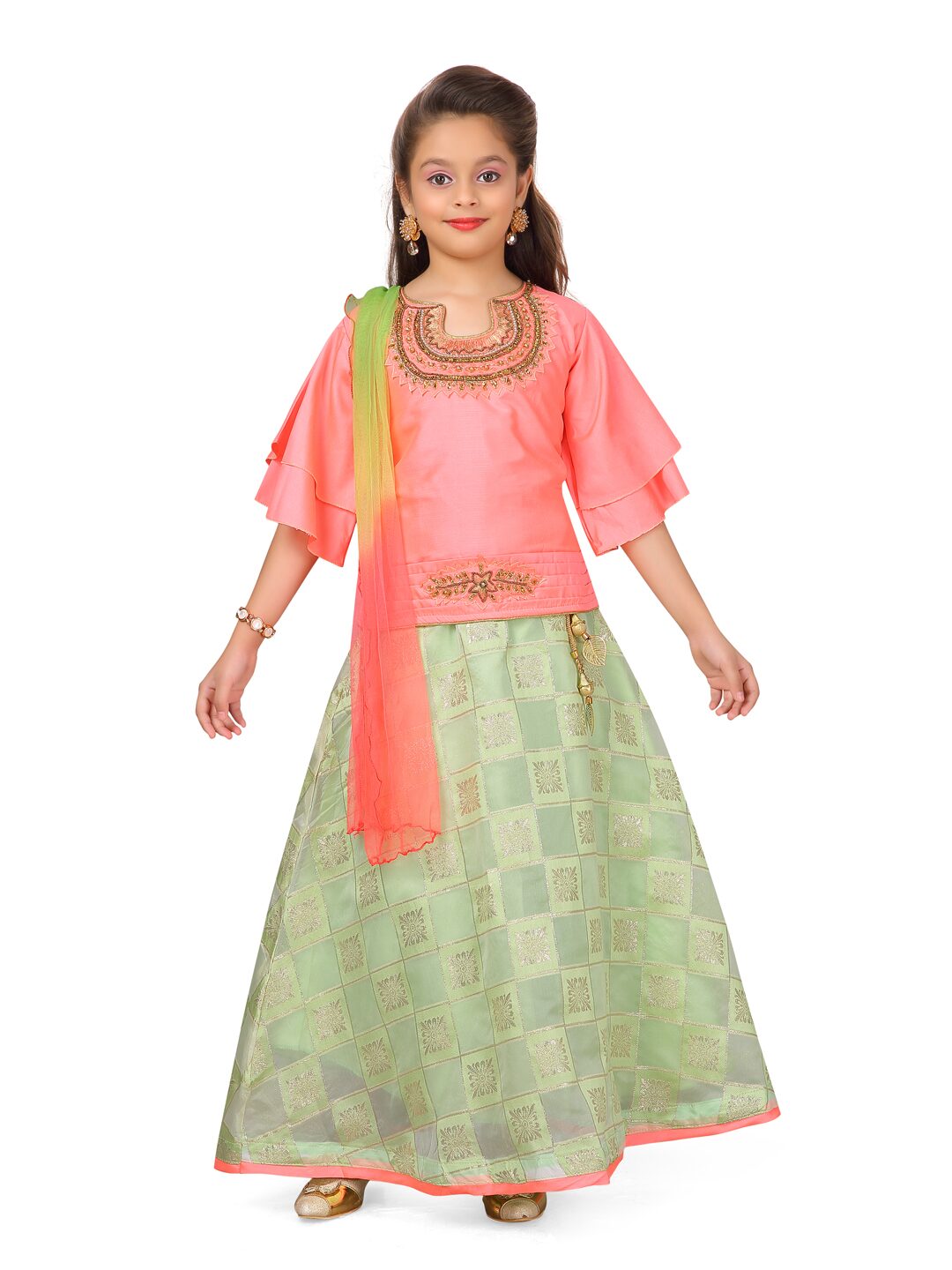 

Aarika Girl s Silk Self design 3 4th sleeves Lehenga choli - Orange Green