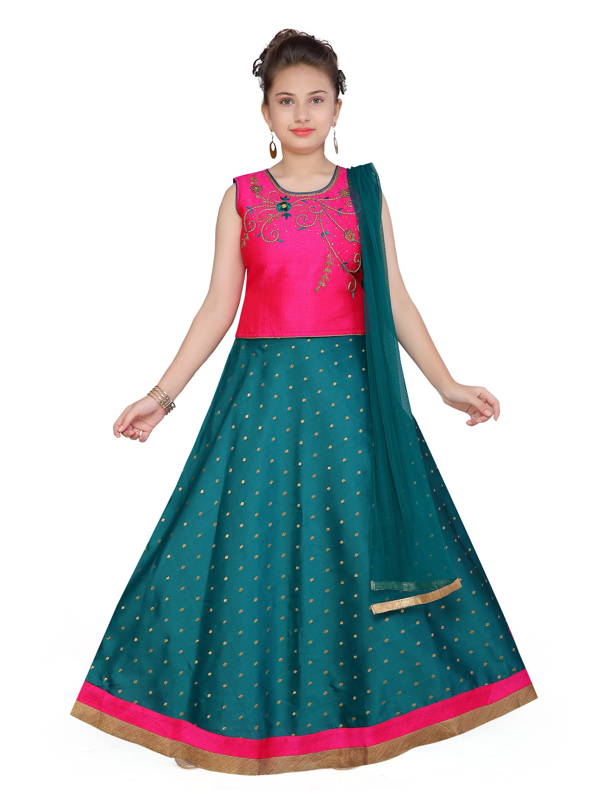 

Aarika Girl s Silk Self design Short sleeves Lehenga choli - Pink Green