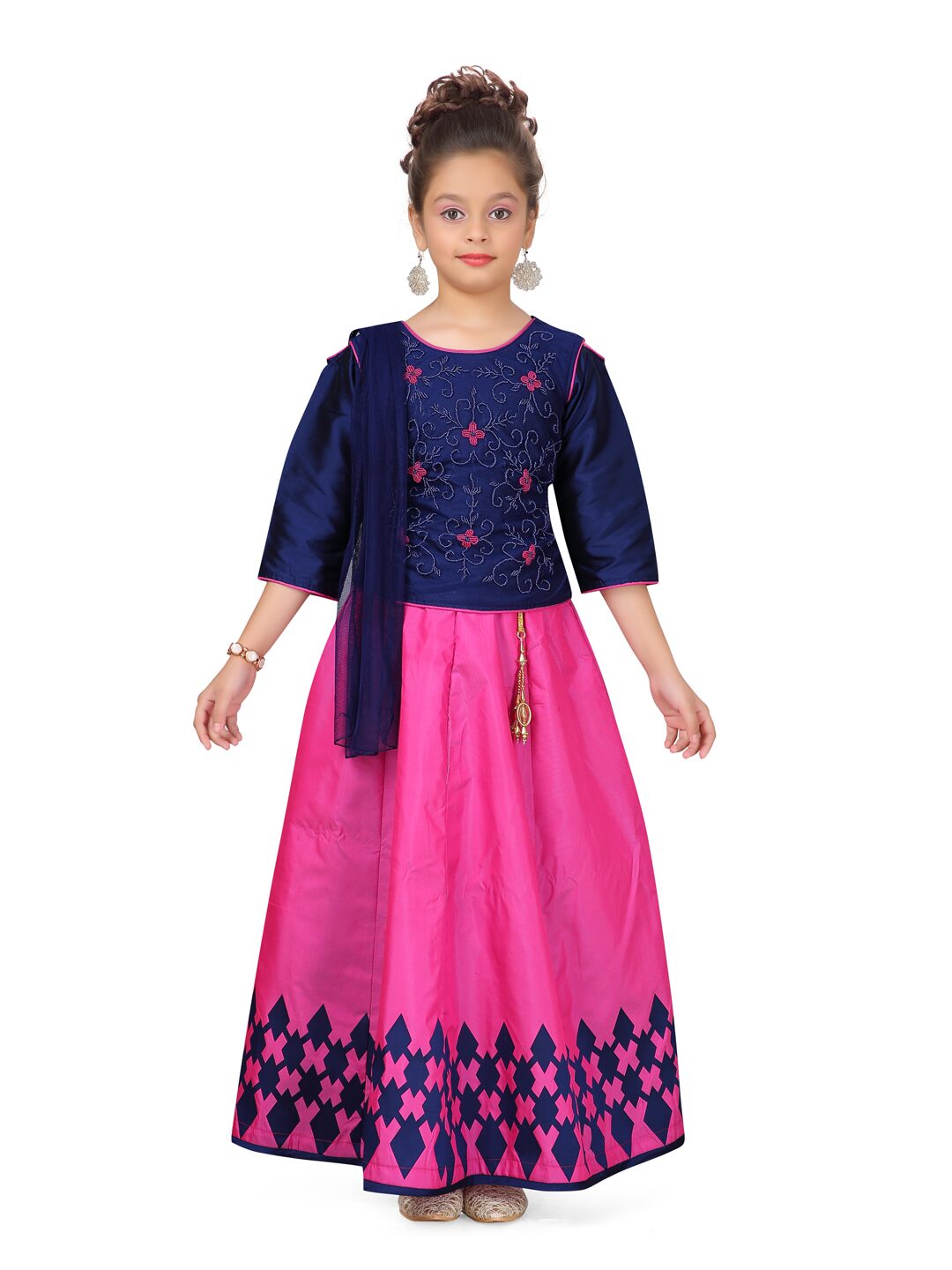 

Aarika Girl s Net Self design 3 4th sleeves Lehenga choli - Blue Pink