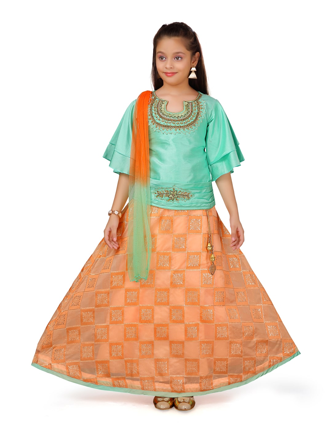 

Aarika Girl s Silk Self design 3 4th sleeves Lehenga choli - Green Orange