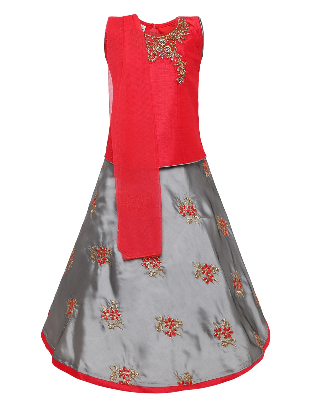 

Aarika Girl s Silk Embellished Sleeveless Lehenga choli - Red Grey