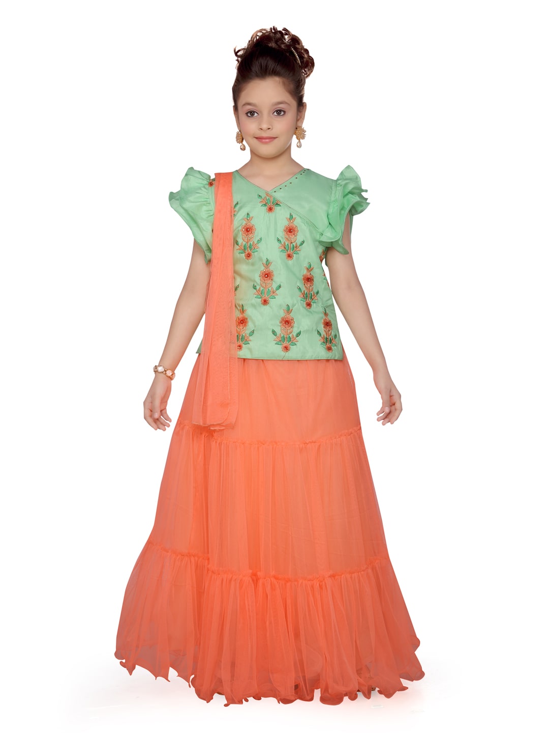 

Aarika Girl s Silk Self design Short sleeves Lehenga choli - Green Orange