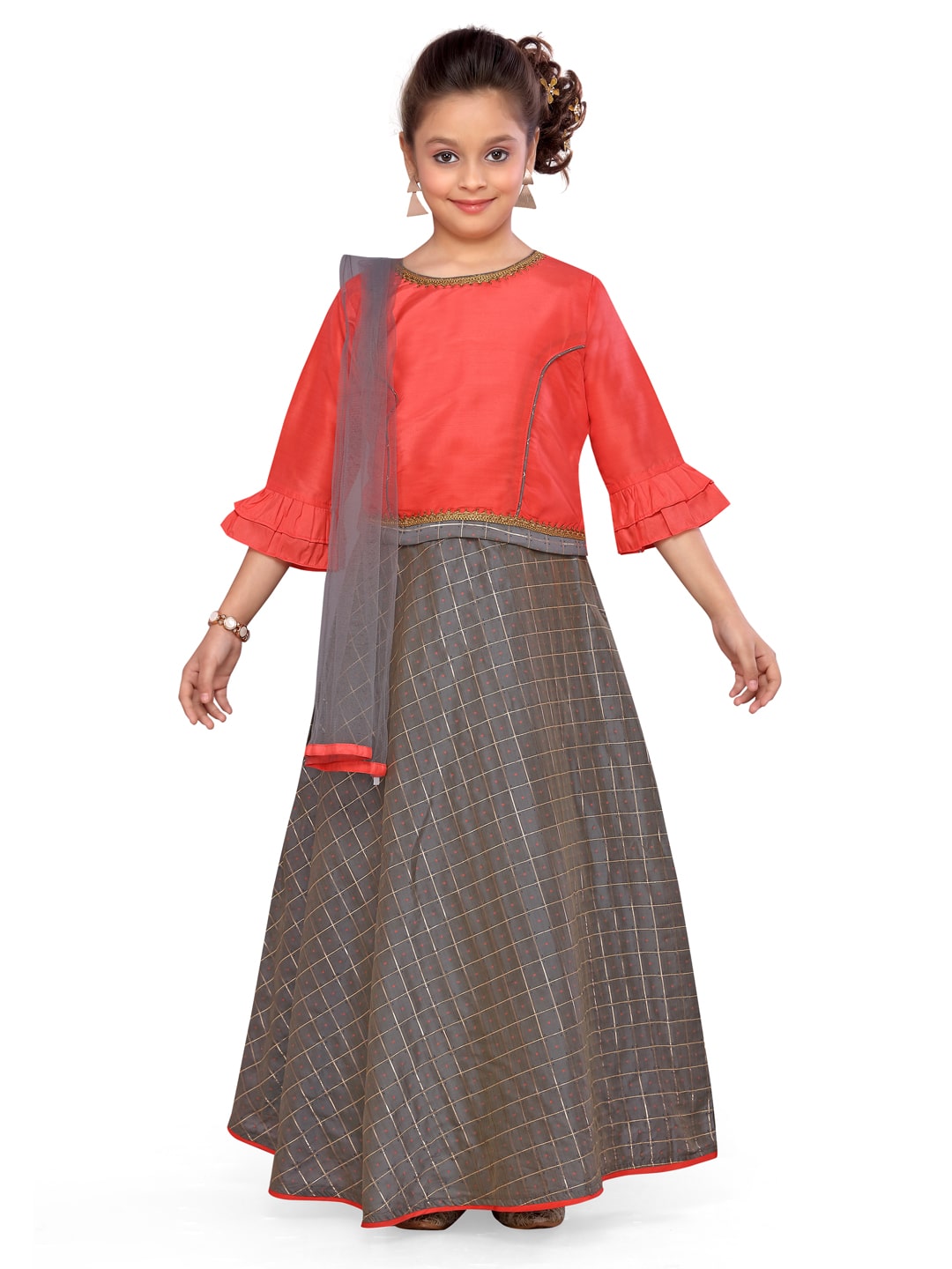

Aarika Girl s Silk Solid 3 4th sleeves Lehenga choli - Red Grey