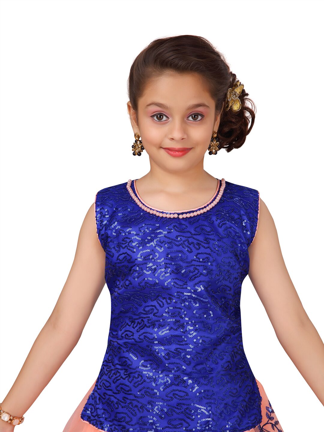 

Aarika Girl s Silk Self design Sleeveless Lehenga choli - Blue Orange