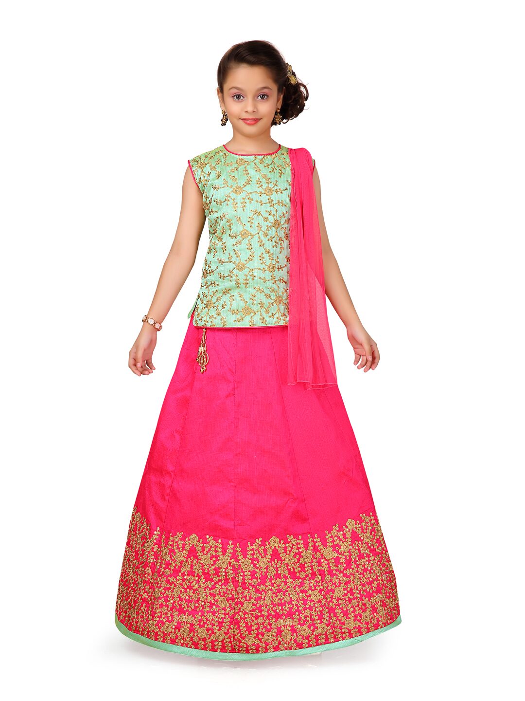 

Aarika Girl s Silk Self design Sleeveless Lehenga choli - Green Pink