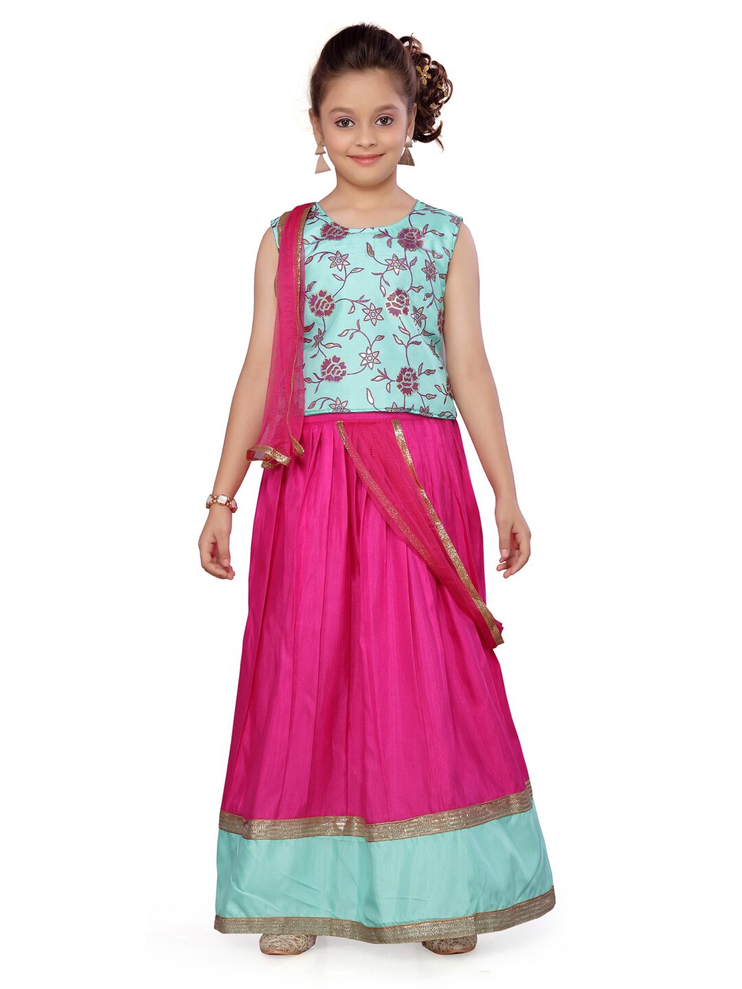 

Aarika Girl s Silk Floral Sleeveless Lehenga choli - Green Pink