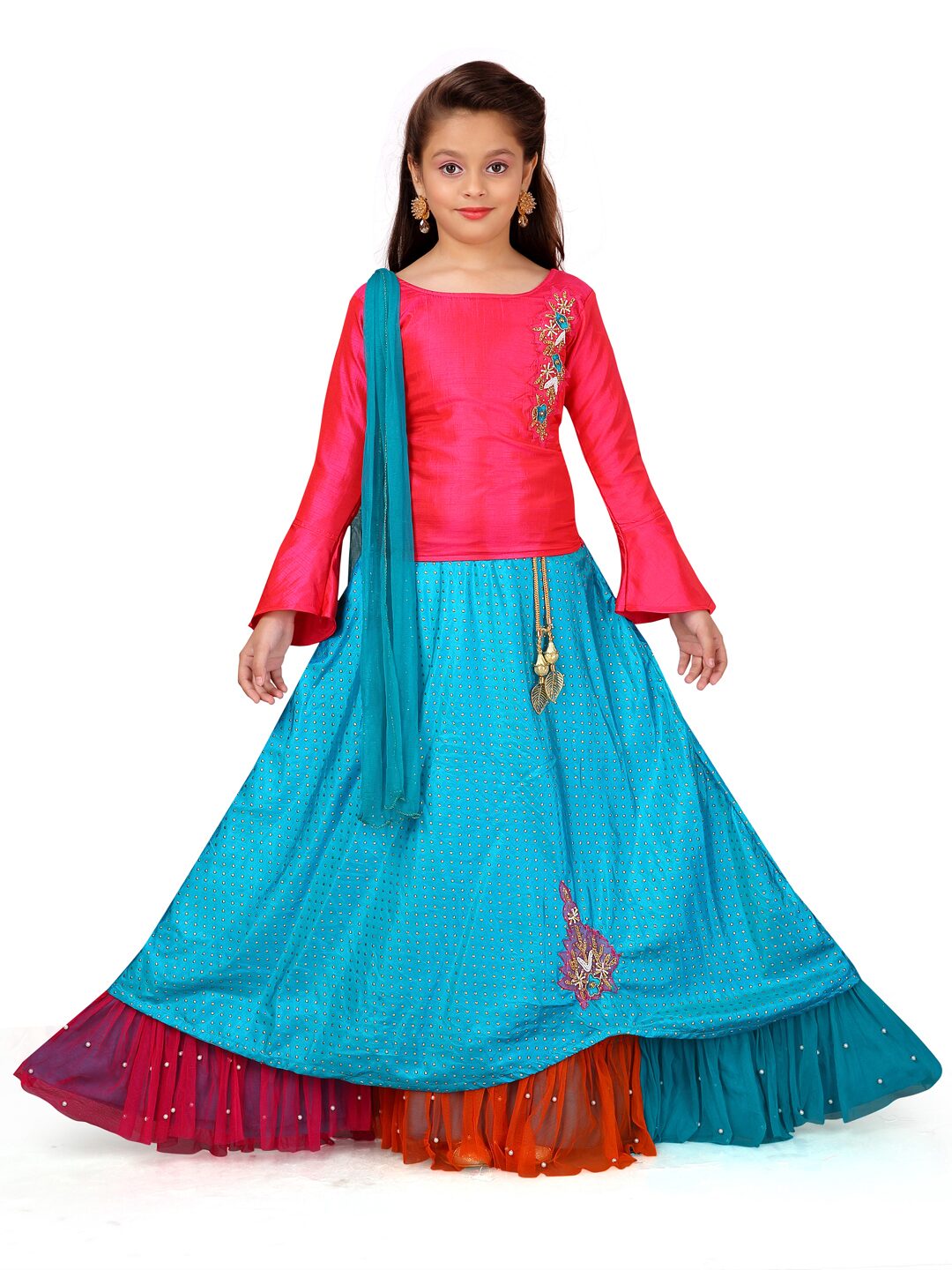 

Aarika Girl s Silk Self design Full sleeves Lehenga choli - Pink Blue