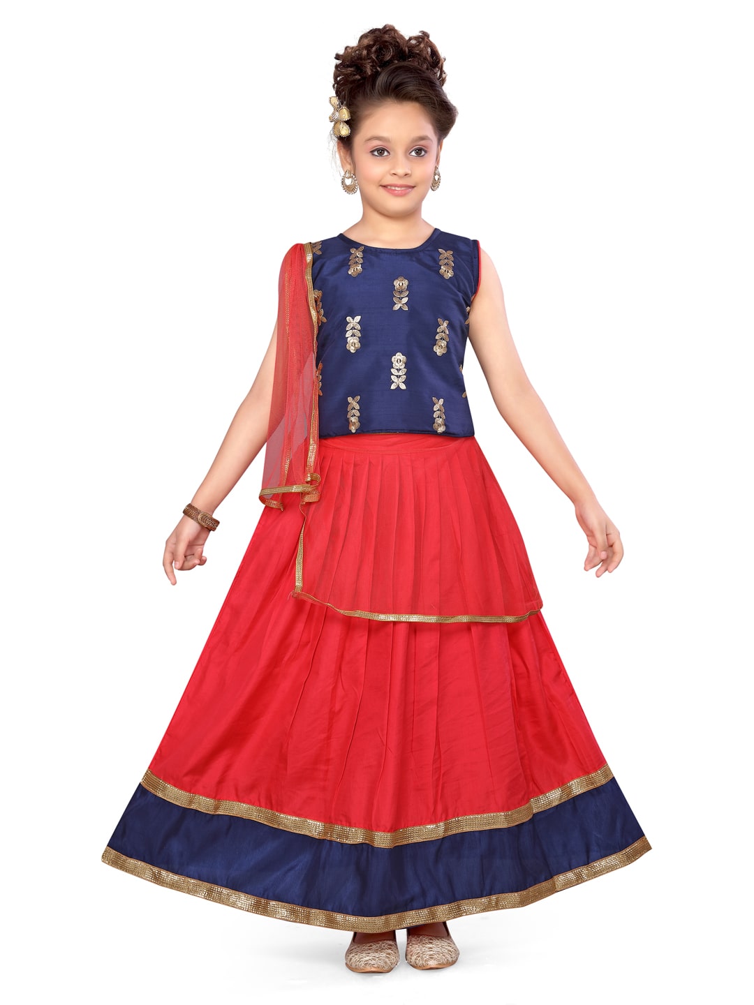 

Aarika Girl s Silk Self design Sleeveless Lehenga choli - Blue Red