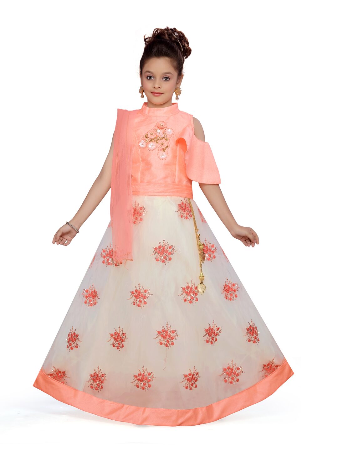 

Aarika Girl s Silk Self design Sleeveless Lehenga choli - Orange White