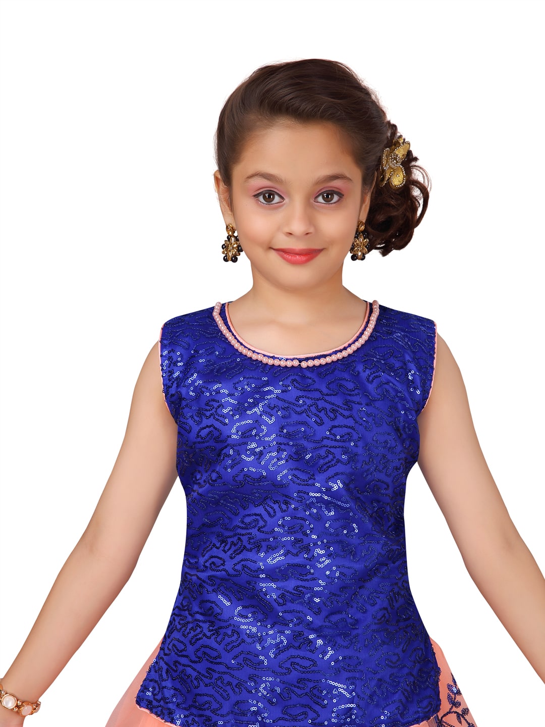 

Aarika Girl s Silk Self design Sleeveless Lehenga choli - Blue Orange