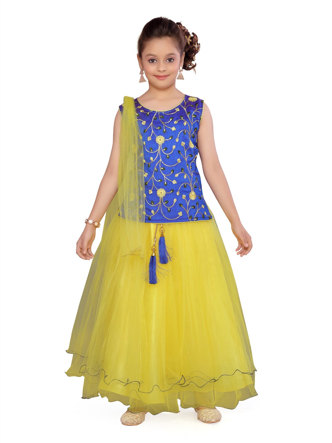 

Aarika Girl s Silk Self design Sleeveless Lehenga choli - Blue Yellow
