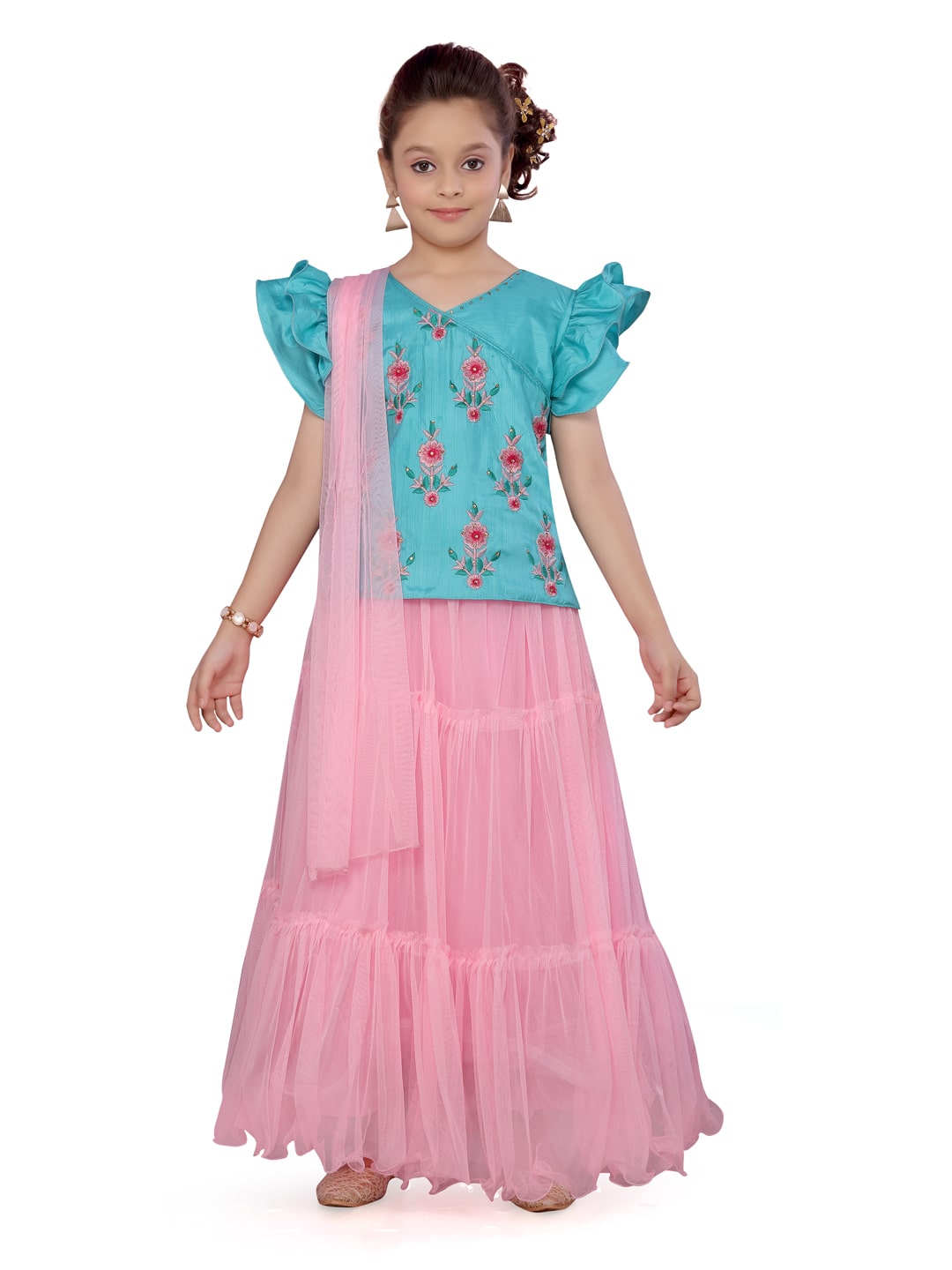 

Aarika Girl s Silk Self design Short sleeves Lehenga choli - Blue Pink