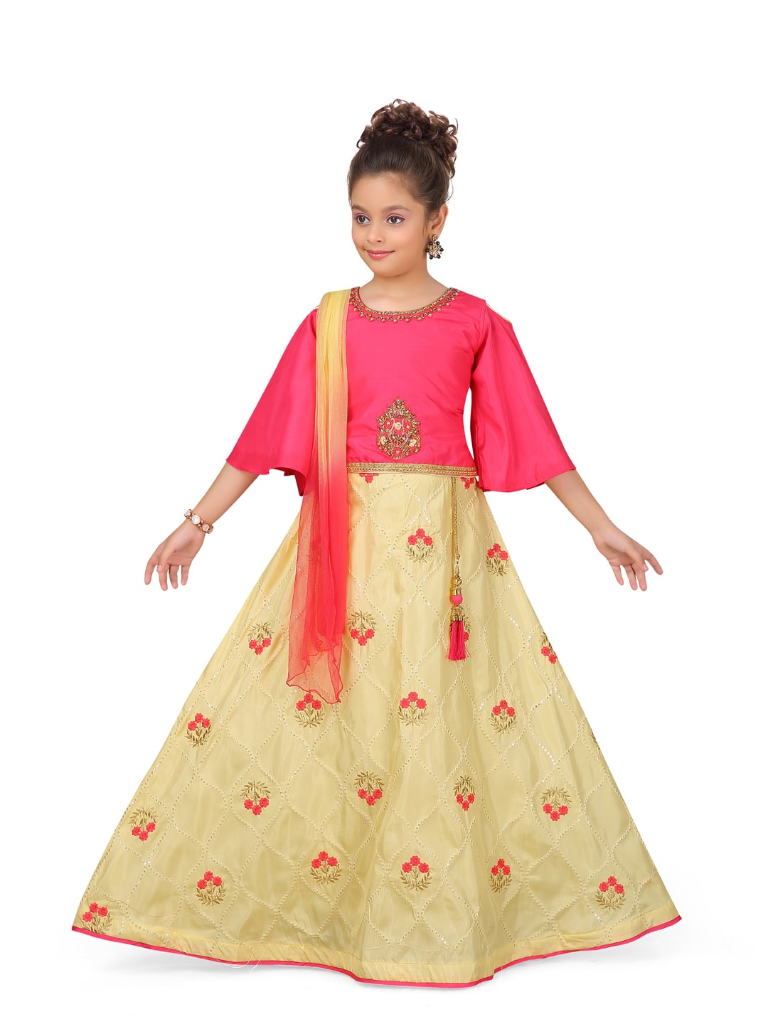 

Aarika Girl s Silk Self design 3 4th sleeves Lehenga choli - Pink Yellow
