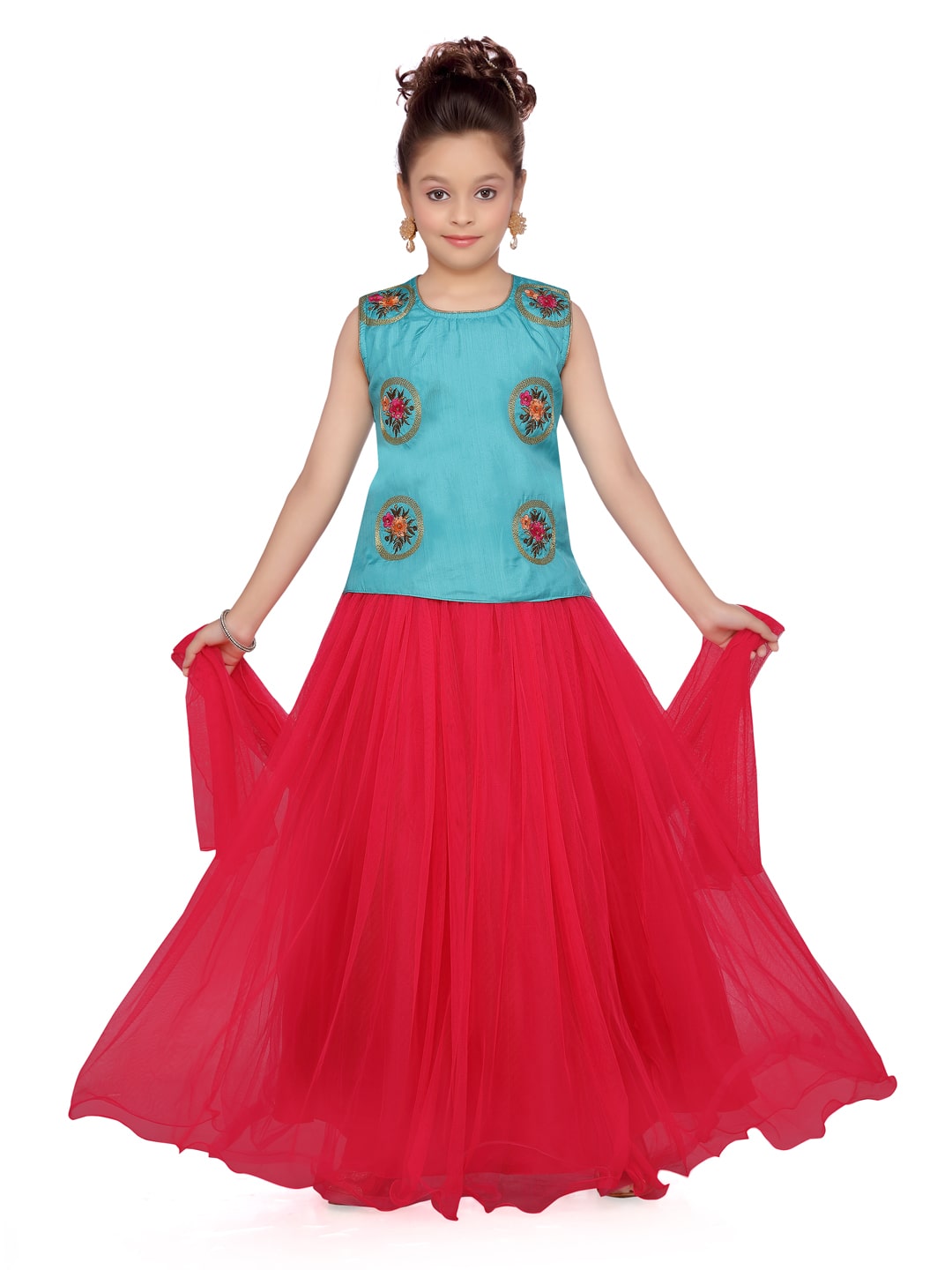 

Aarika Girl s Silk Self design Sleeveless Lehenga choli - Blue Red
