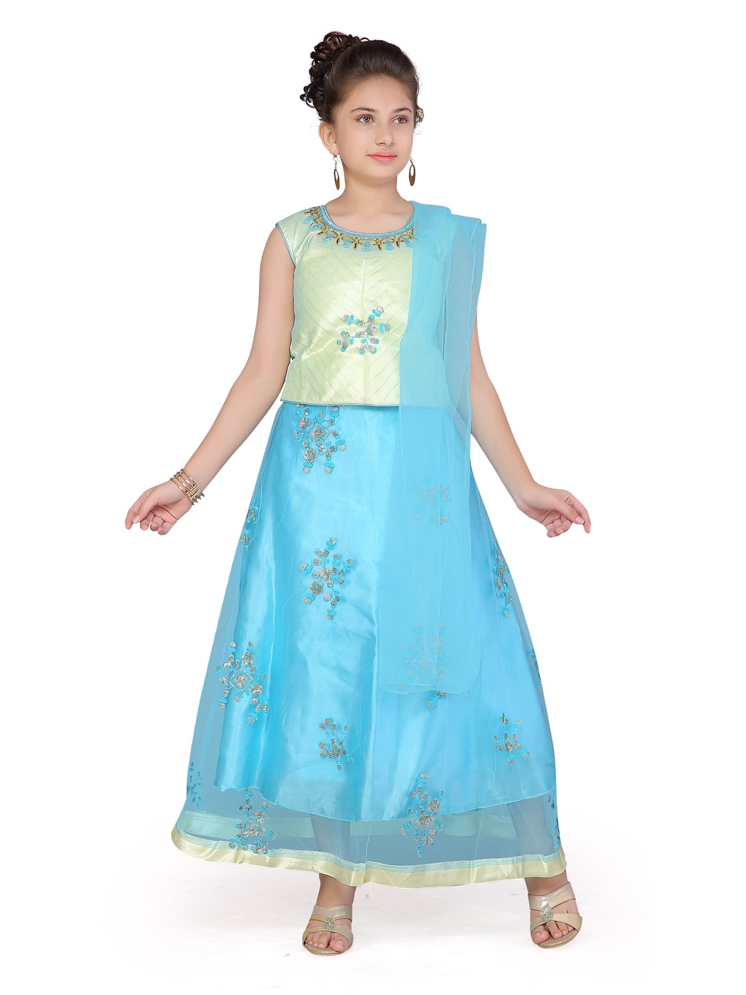 

Aarika Girl s Net Self design Sleeveless Lehenga choli - Yellow Blue