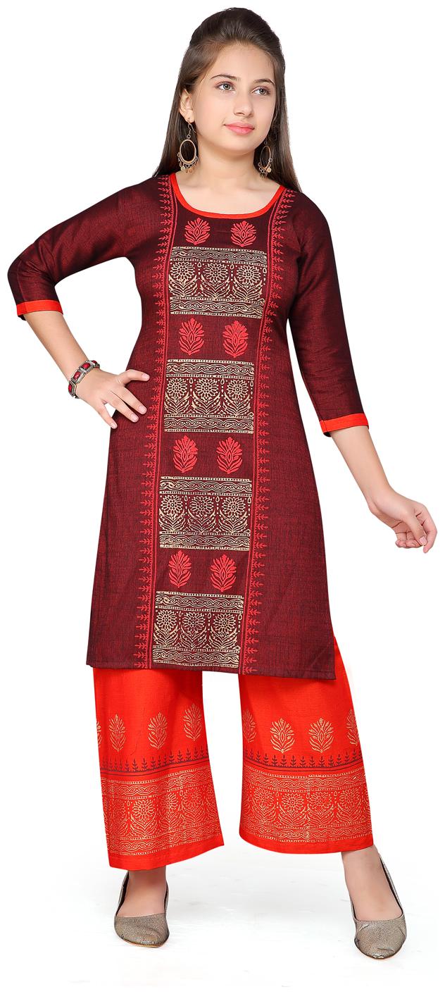 

Aarika Girl s Cotton Printed 3 4th sleeves Kurti salwar set - Maroon
