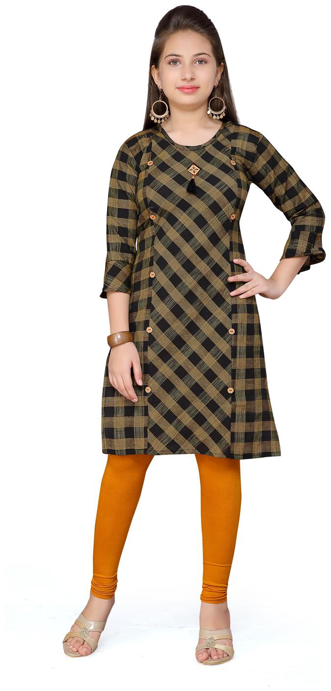 

Aarika Girl s Cotton Checked 3 4th sleeves Kurti salwar set - Brown