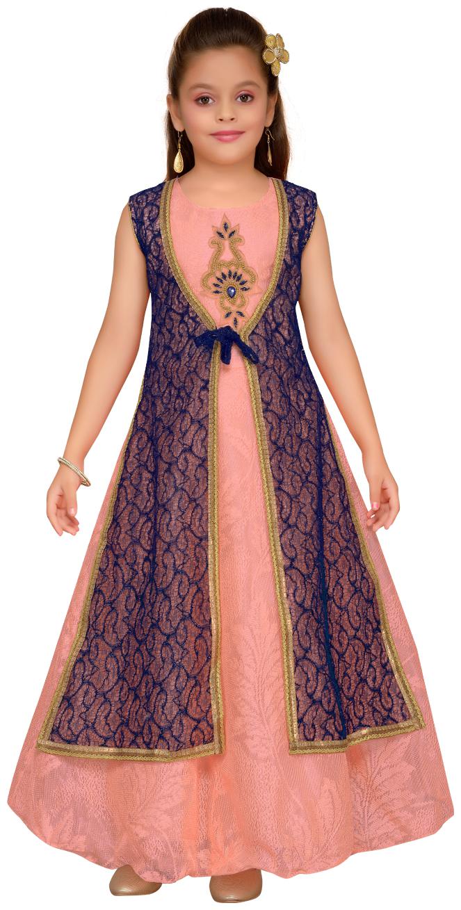 

Aarika Girl s Net Self design Sleeveless Gown - Orange Blue
