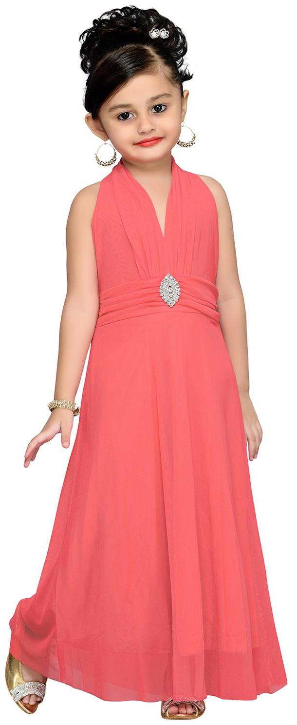 

Aarika Girl s Net Solid Sleeveless Gown - Pink