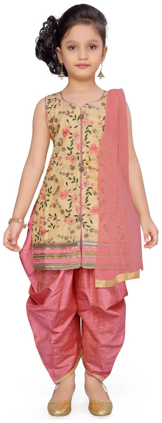 

Aarika Girl s Net Self design Sleeveless Kurti salwar set - Pink Beige