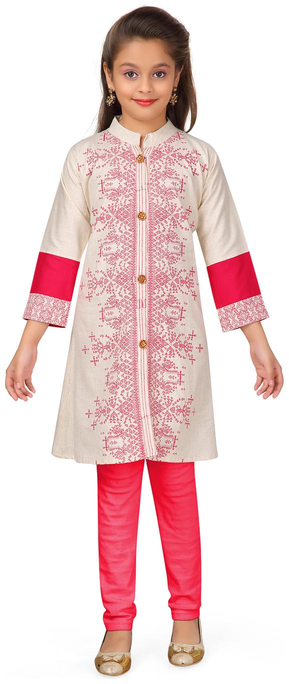 

Aarika Girl s Cotton Printed 3 4th sleeves Kurti salwar set - Pink White