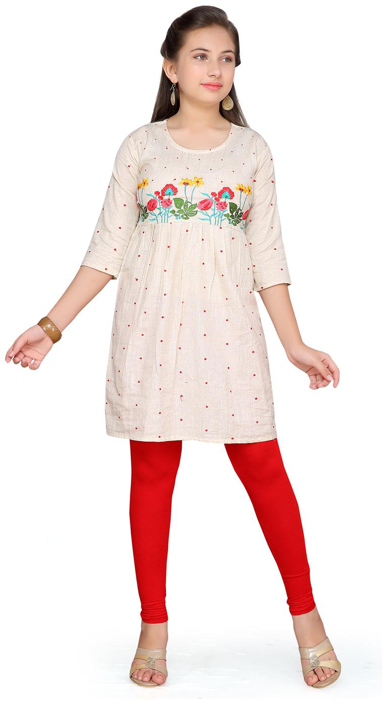 

Aarika Girl s Cotton Self design 3 4th sleeves Kurti salwar set - White