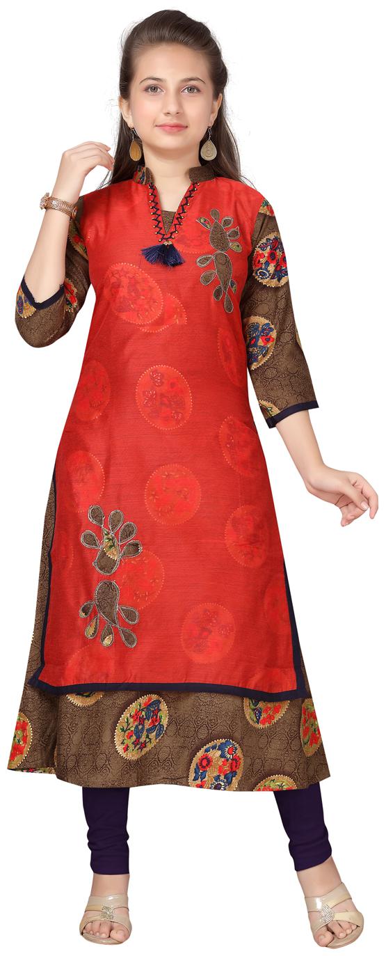 

Aarika Girl s Cotton Self design 3 4th sleeves Kurta kurti - Red