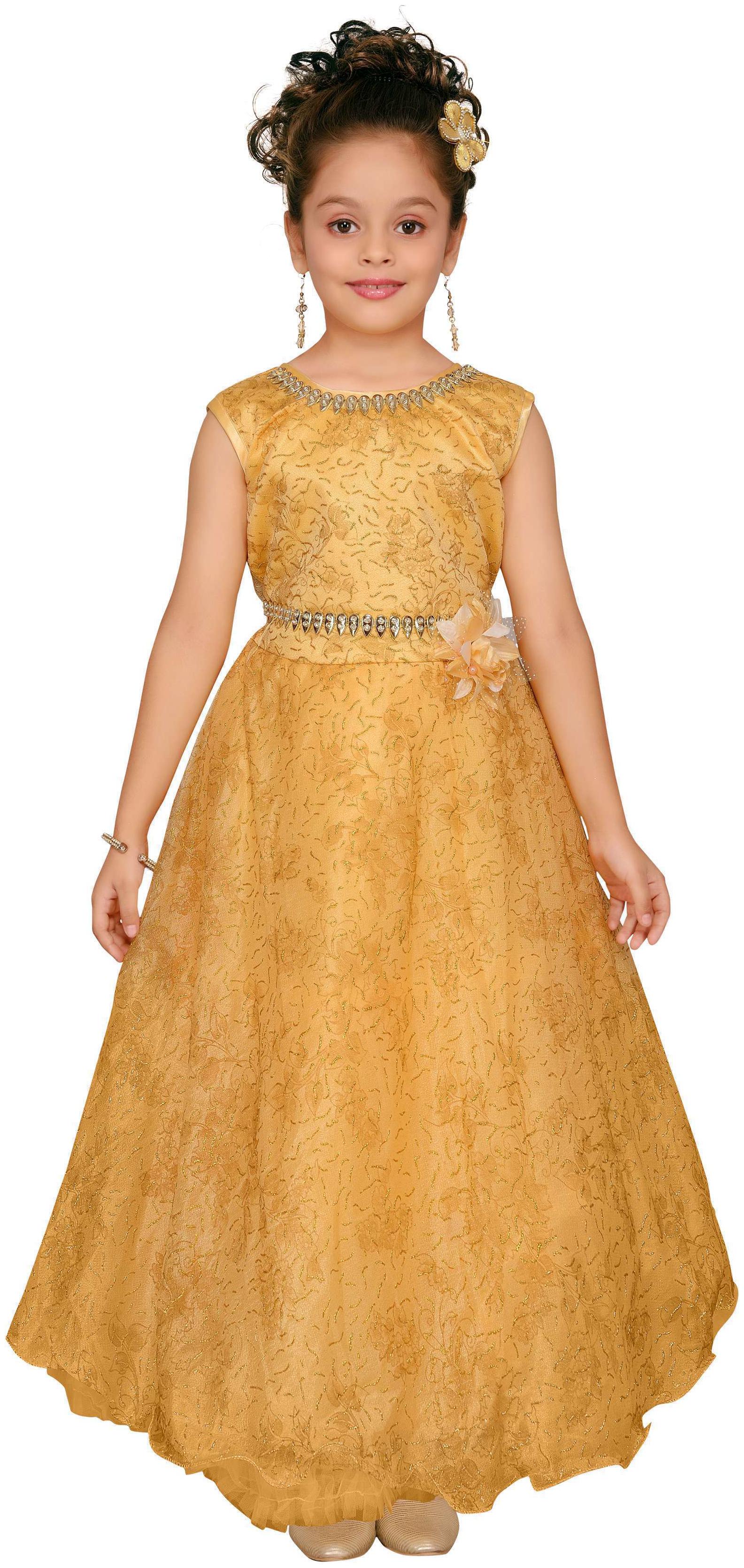 

Aarika Girl s Net Solid Sleeveless Gown - Yellow