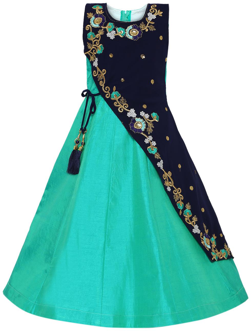 

Aarika Silk Princess Frock Green Blue Color