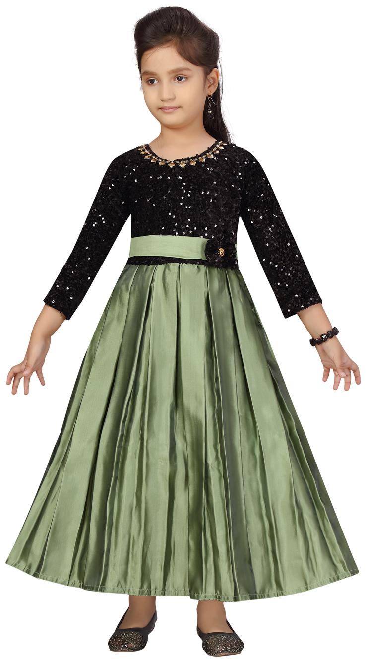 

Aarika Girl s Silk Embellished 3 4th sleeves Gown - Green Black