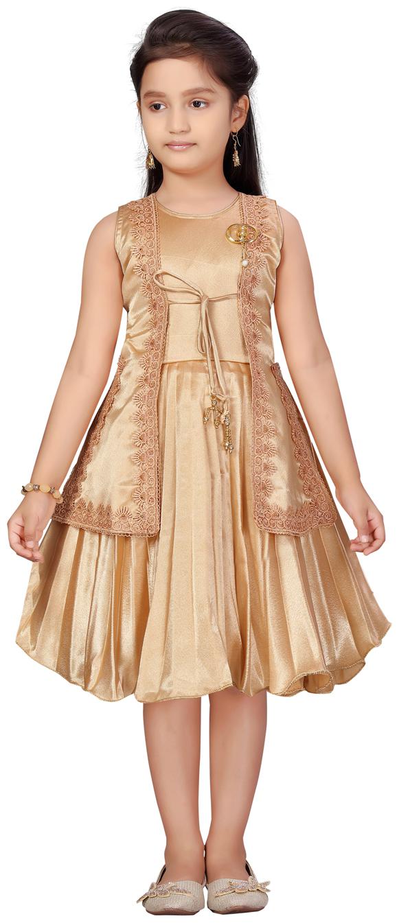

Aarika Gold Silk Sleeveless Knee Length Princess Frock ( Pack of 1 )