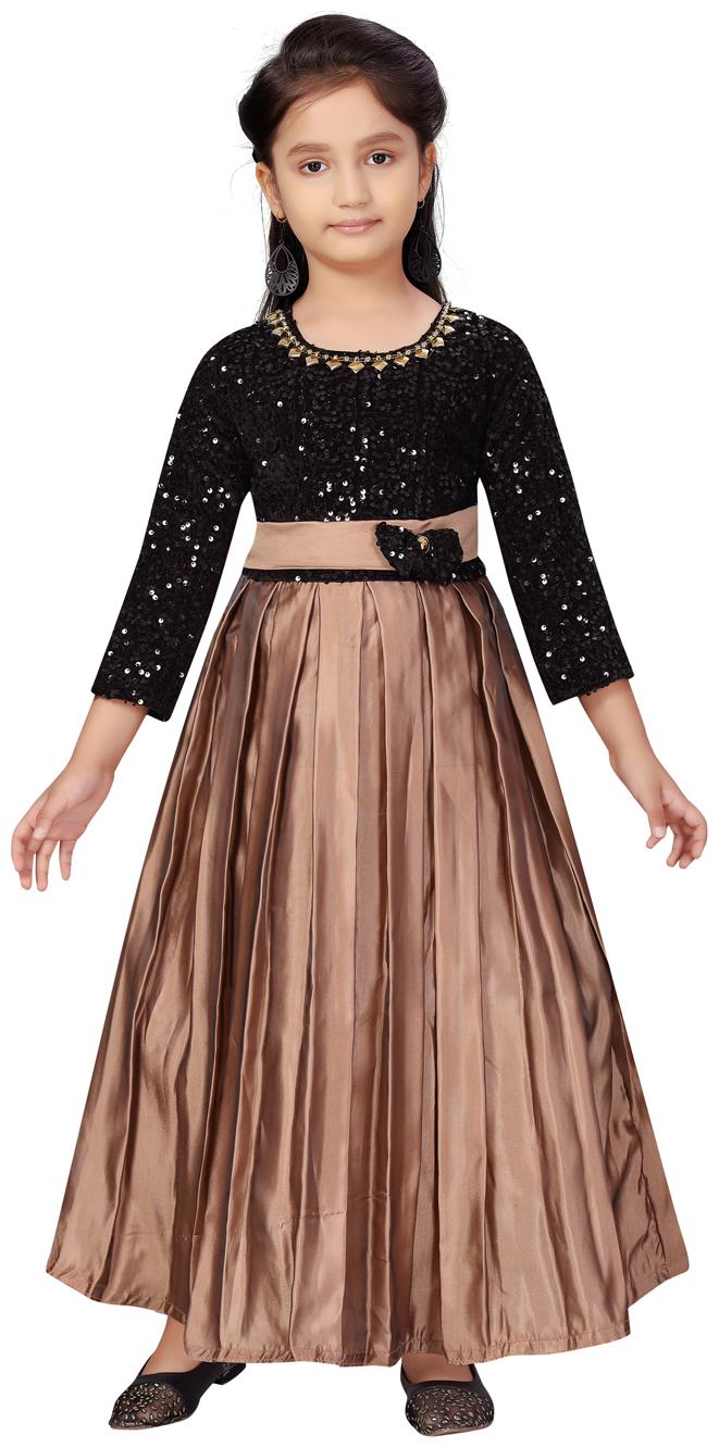 

Aarika Girl s Silk Embellished 3 4th sleeves Gown - Brown Black